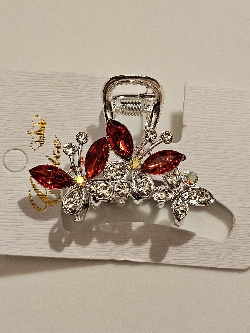 Rhinestone Butterfly Hair Clip with Red Crystals
